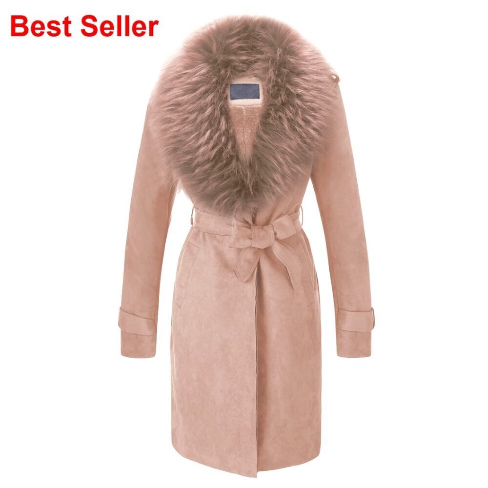 Faux Leather Trench Coat Fleece-Lined with Detachable Fur Collar
